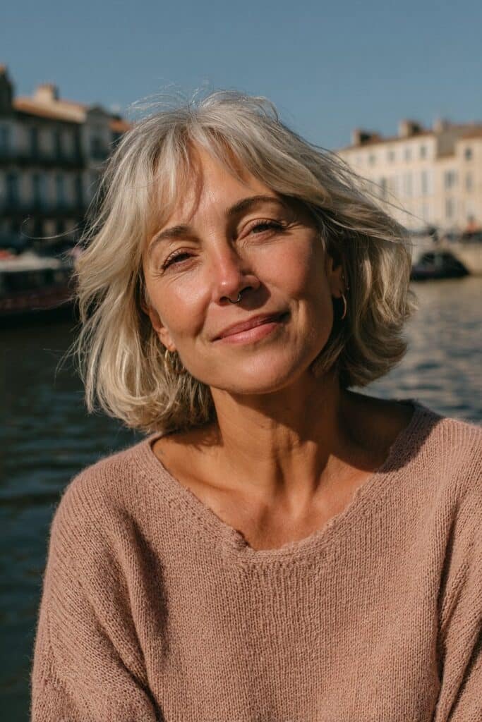Medium haircut with wispy bangs for older women.