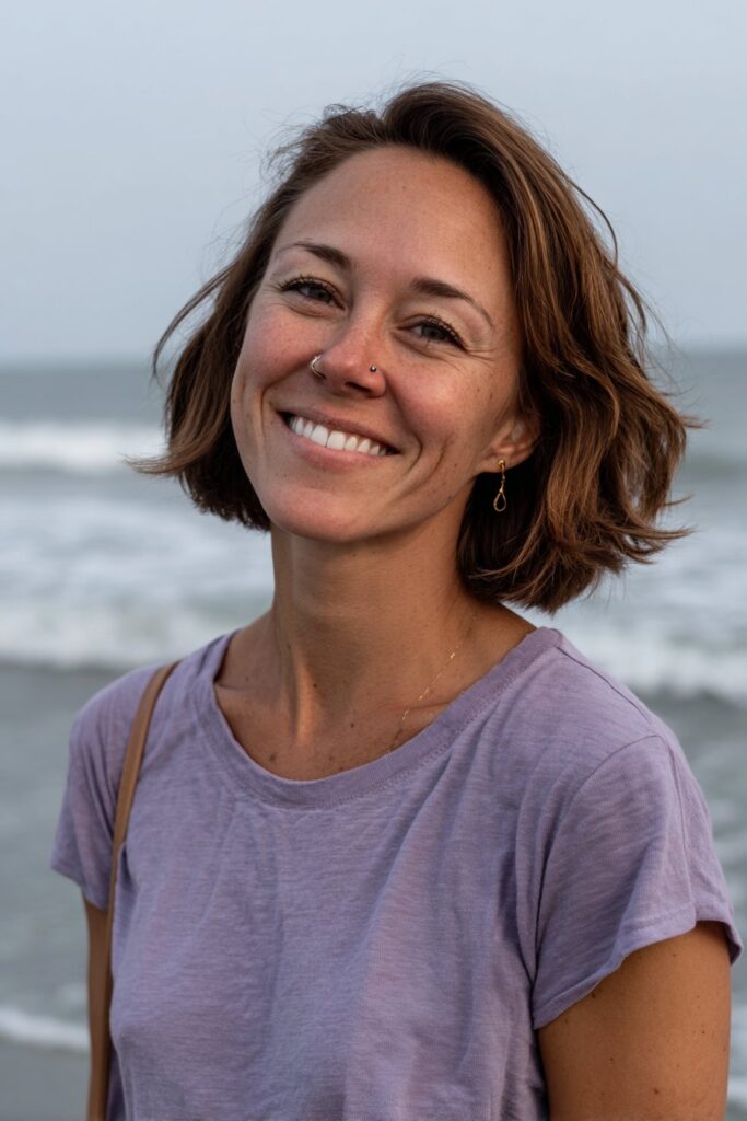 Woman wearing an angled layered bob for thin hair.