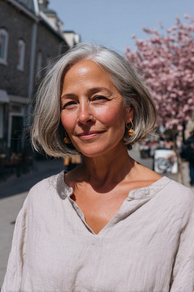 Older woman wearing an asymmetrical angled bob