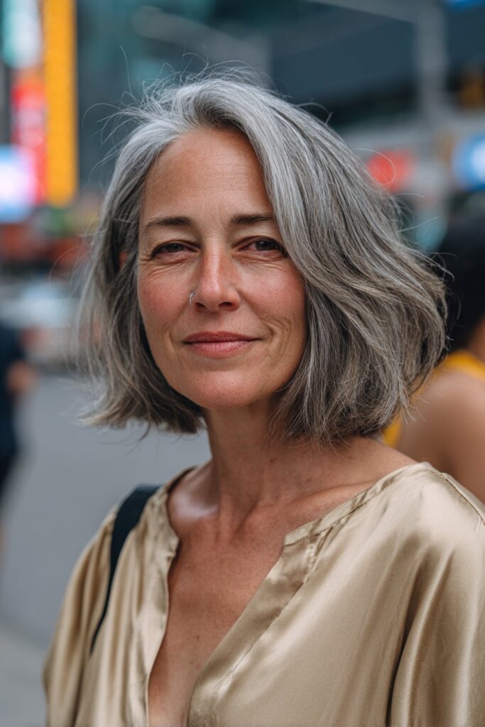 Woman with asymmetrical bob and angled gray layers