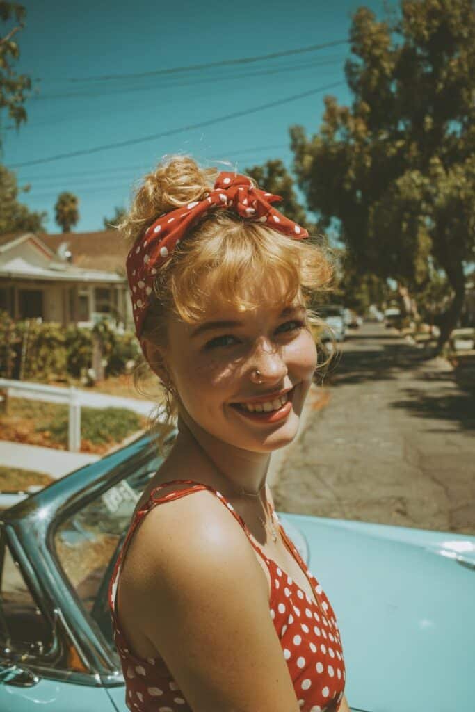 Woman with a bandana-wrapped updo featuring retro curls and vintage scarf styling