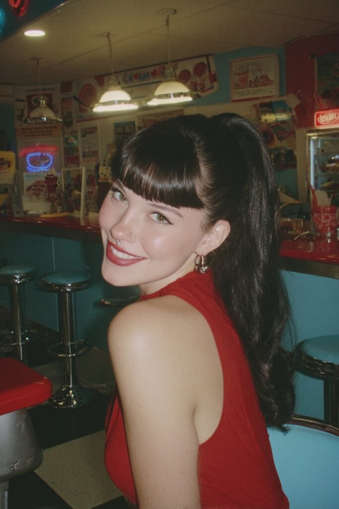 Woman with Bettie bangs and ponytail featuring blunt bangs and retro volume