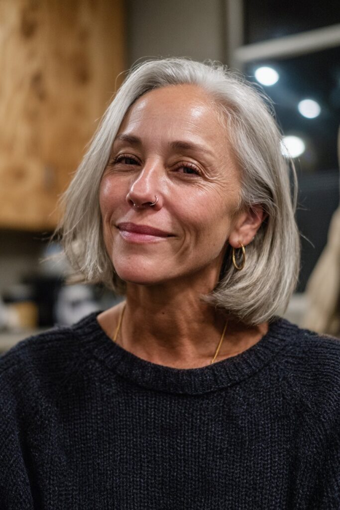Woman over 60 with a sleek silver blonde blunt bob.