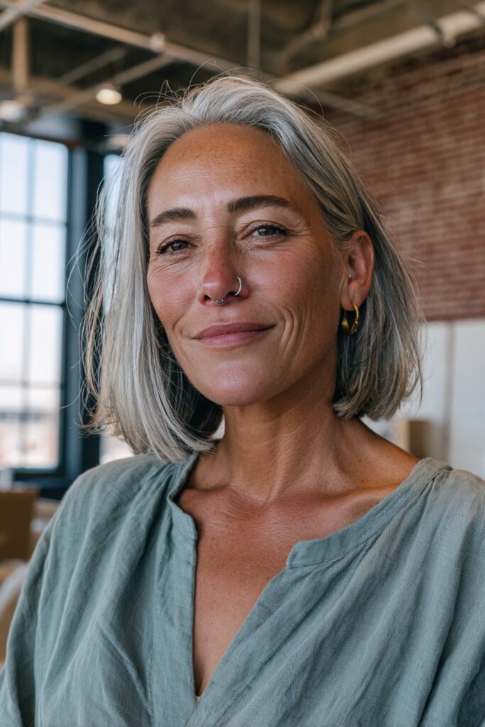 Blunt cut lob for straight silver hair on older woman