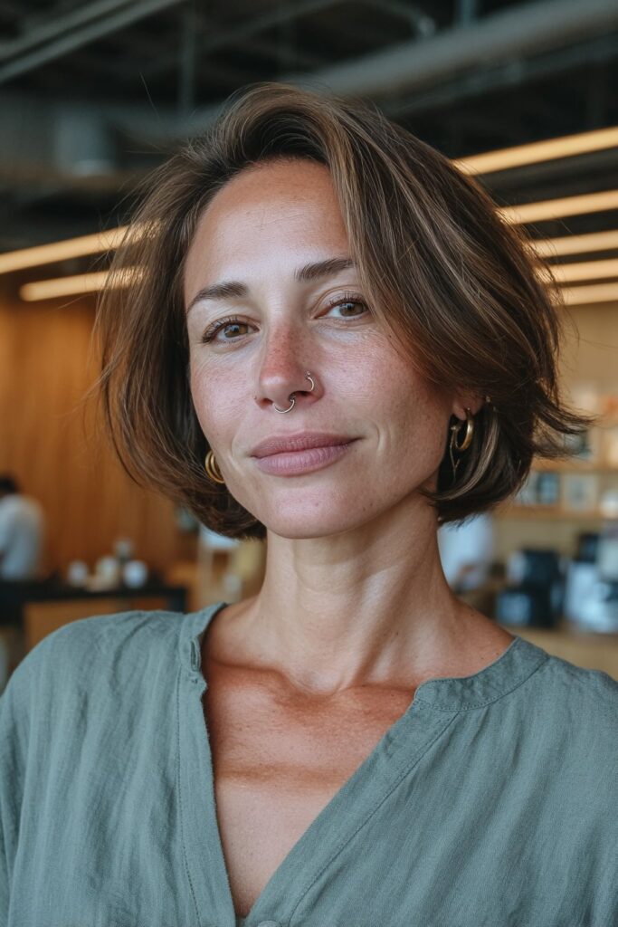 Woman with a blunt layered bob for thin hair and ash brown layers.