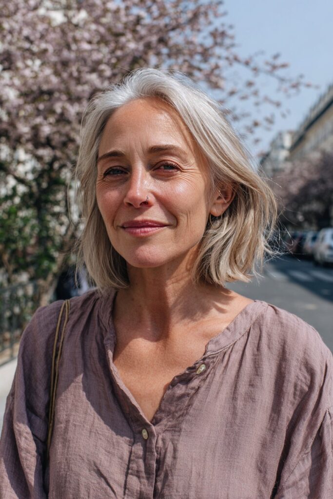 Woman with a blunt shoulder length cut and sleek silver blonde hair.