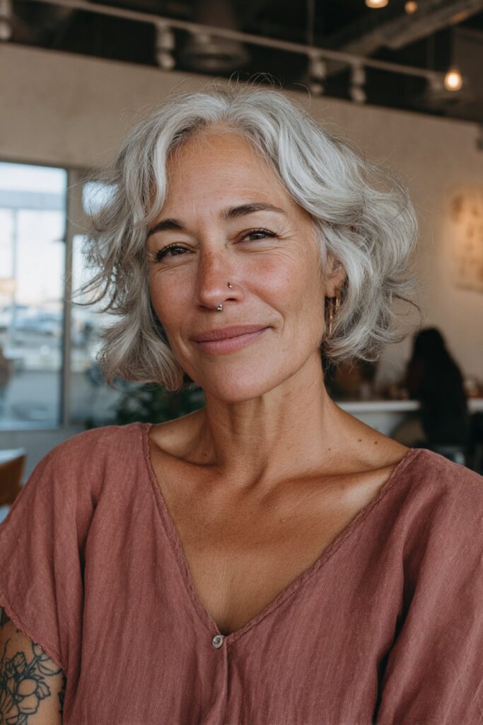 Bouncy graduated bob on silver gray hair