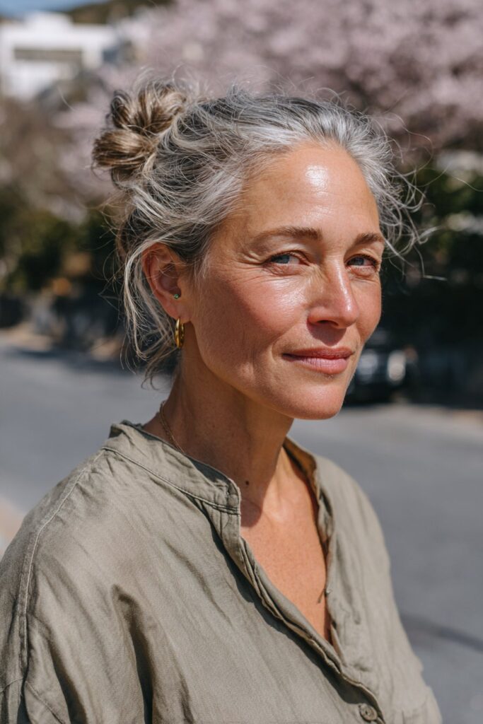 Older woman wearing a casual low bun hairstyle.