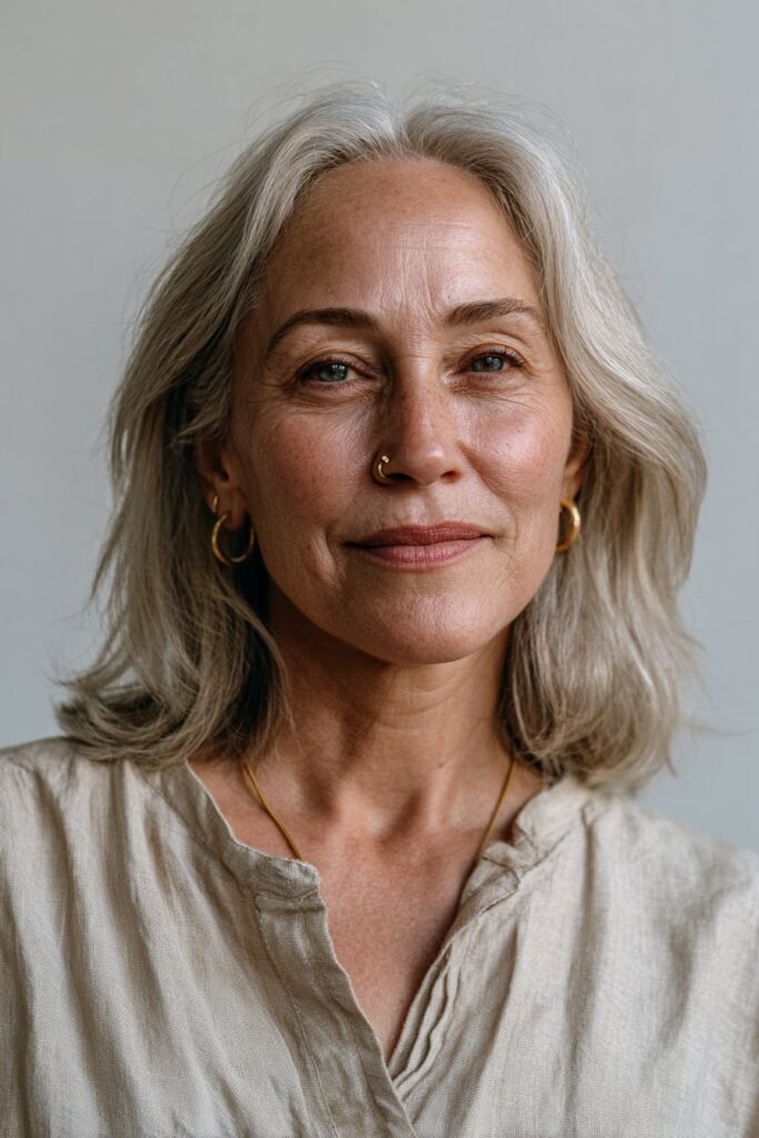 Woman with a center-parted medium length hairstyle.