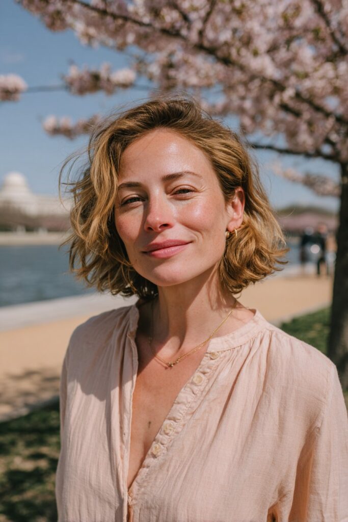 Woman with a choppy layered bob and wispy ends.