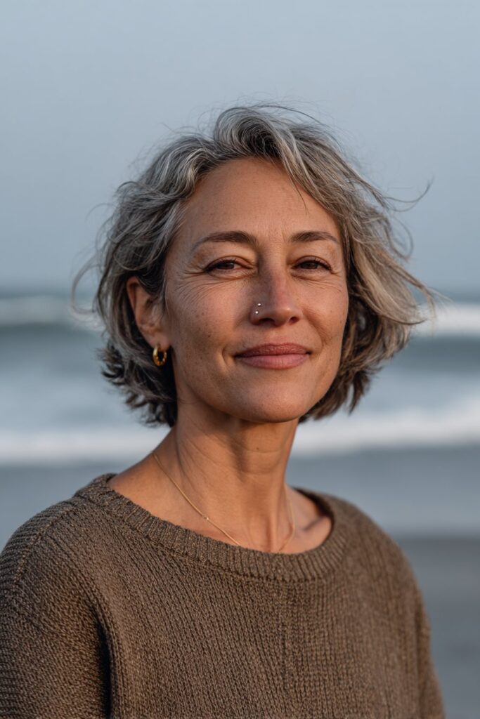 Medium length gray choppy layer shag haircut on a smiling woman