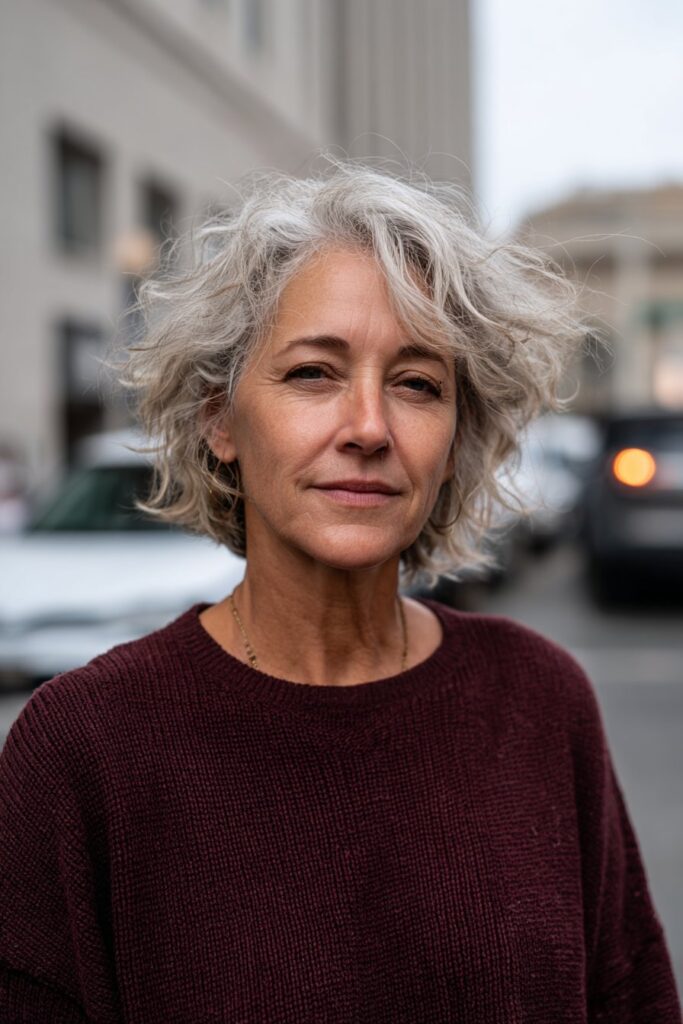 Woman with a choppy shag and layered salt and pepper hair.