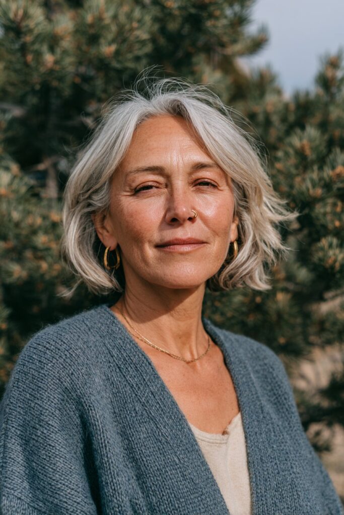 Older woman with a classic bob and feathered ends