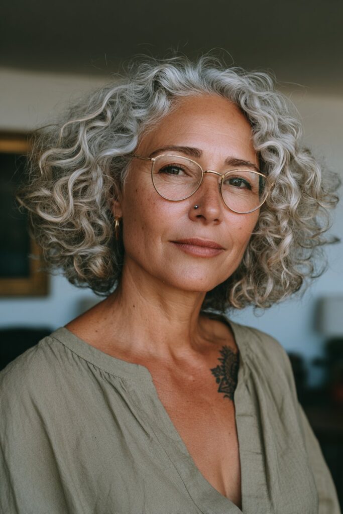 Older woman with a curly asymmetrical bob and sculpted silver curls.
