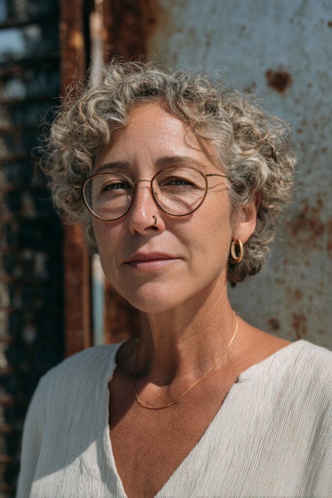 Woman over 60 with a curly cropped shag and wispy fringe.