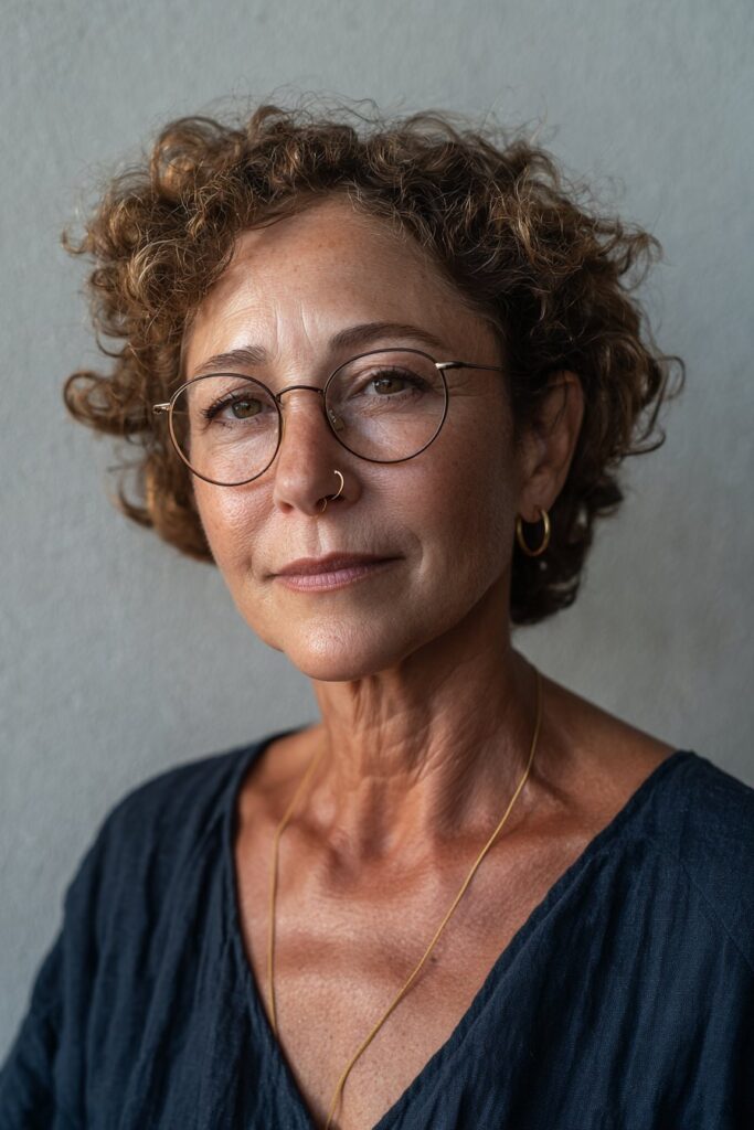 Woman over 60 with a curly feathered crop
