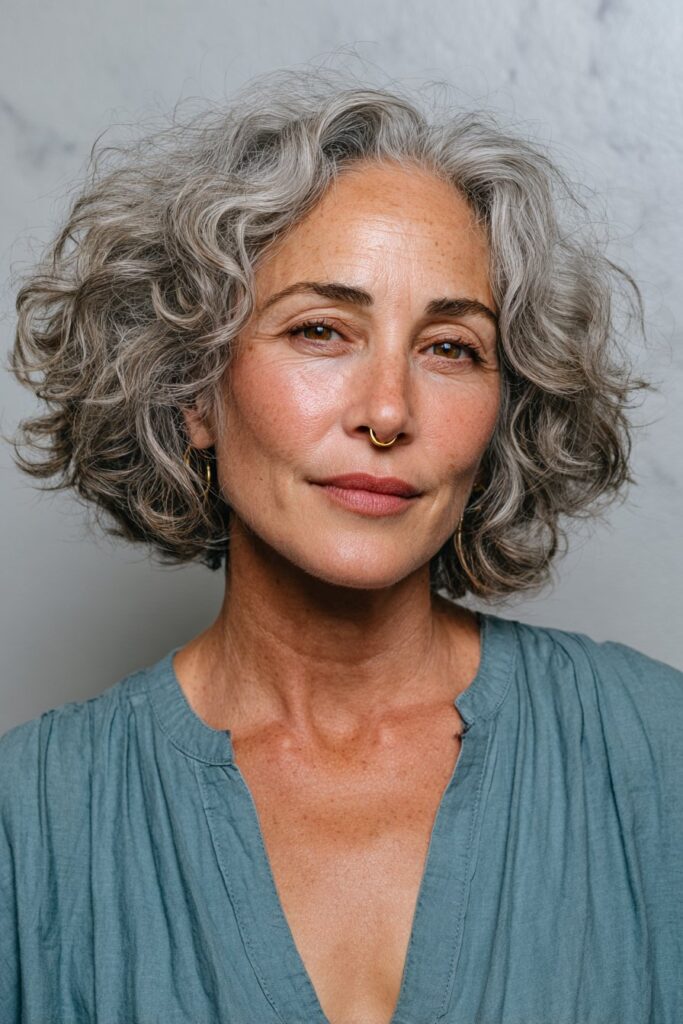 Woman with a curly gray bob and naturally bouncy silver curls