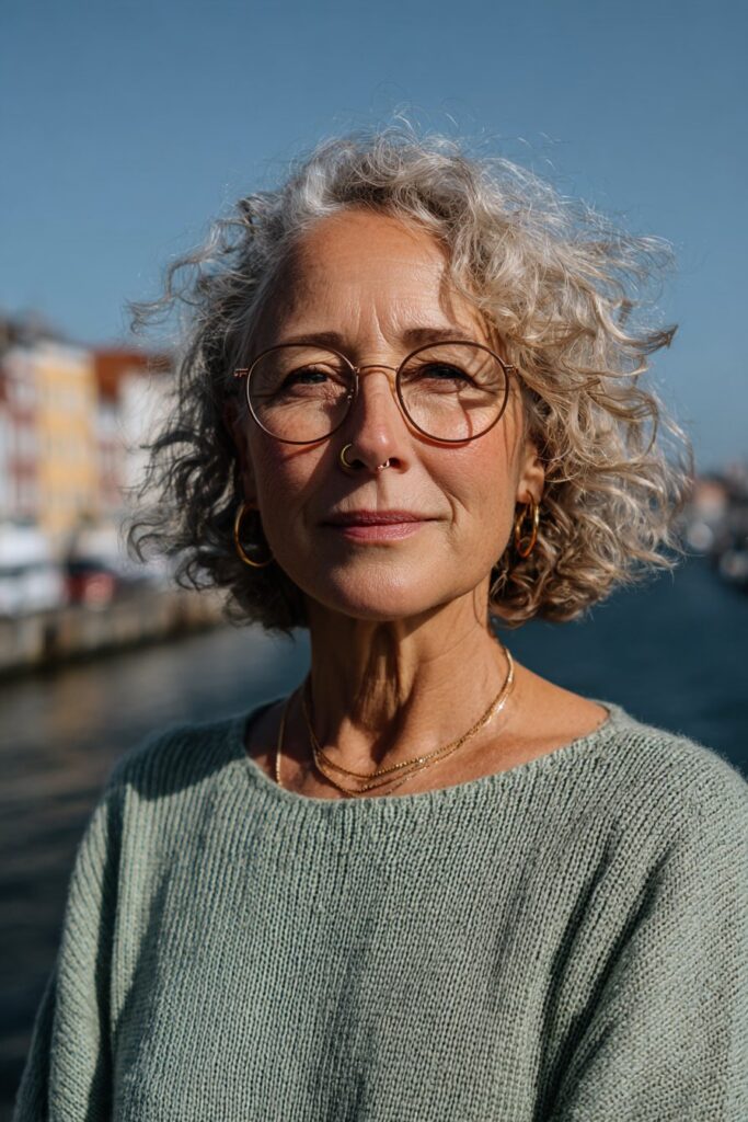 Woman over 60 wearing a curly layered bob with soft silver curls.