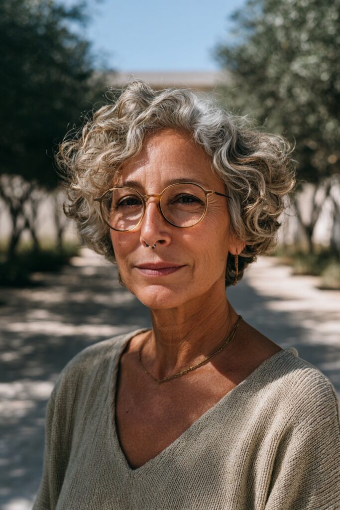 Woman over 60 with a curly pixie cut and salt-and-pepper curls.