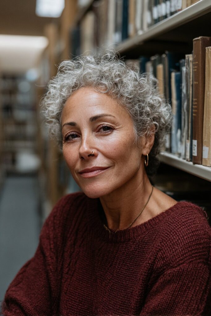 Woman with curly pixie cut and natural volume