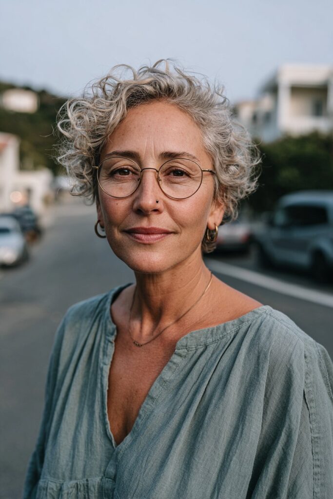 Older woman with a curly side-swept pixie and asymmetrical styling.