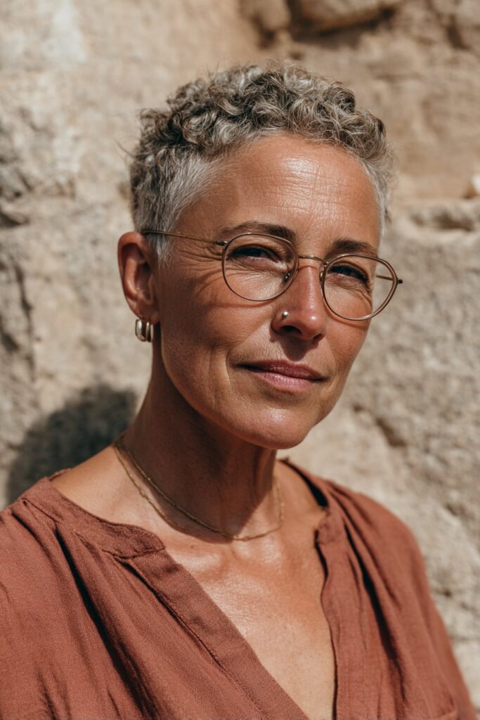 Woman over 60 with a curly undercut pixie and textured silver curls.