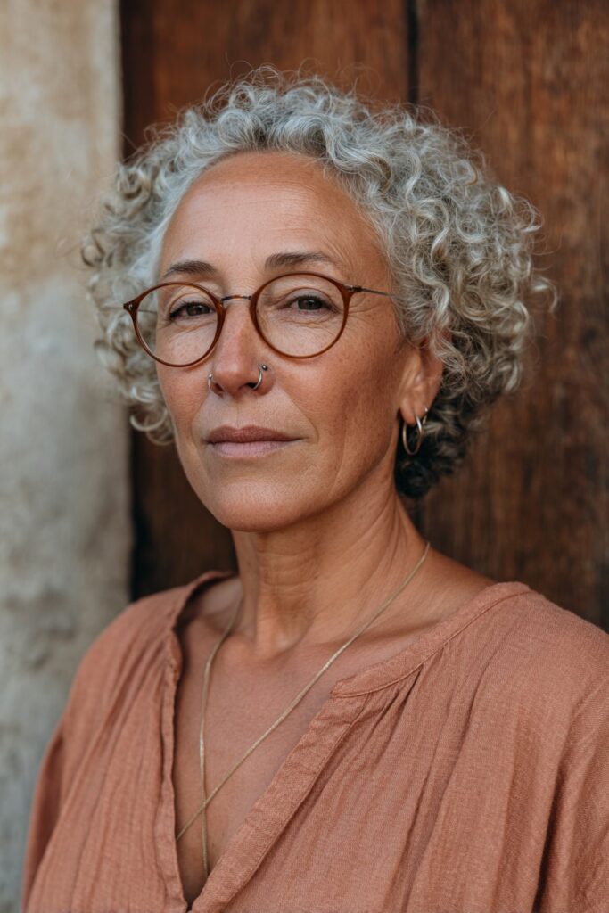 Woman over 60 with a curly wedge cut and layered silver curls.