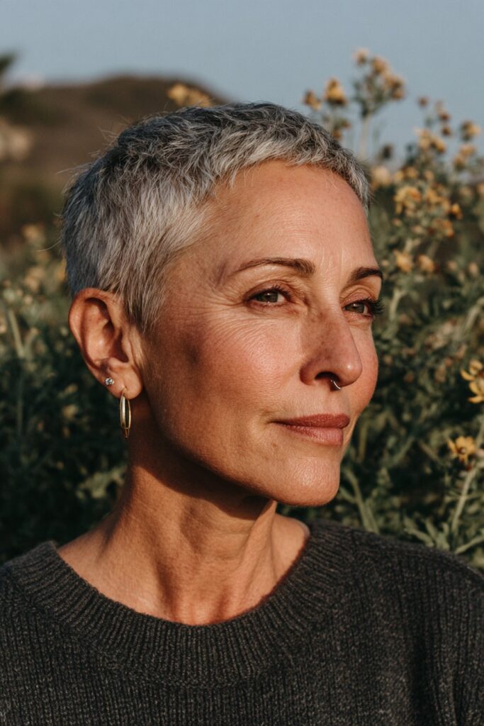 Woman with an edgy undercut pixie and silver hair