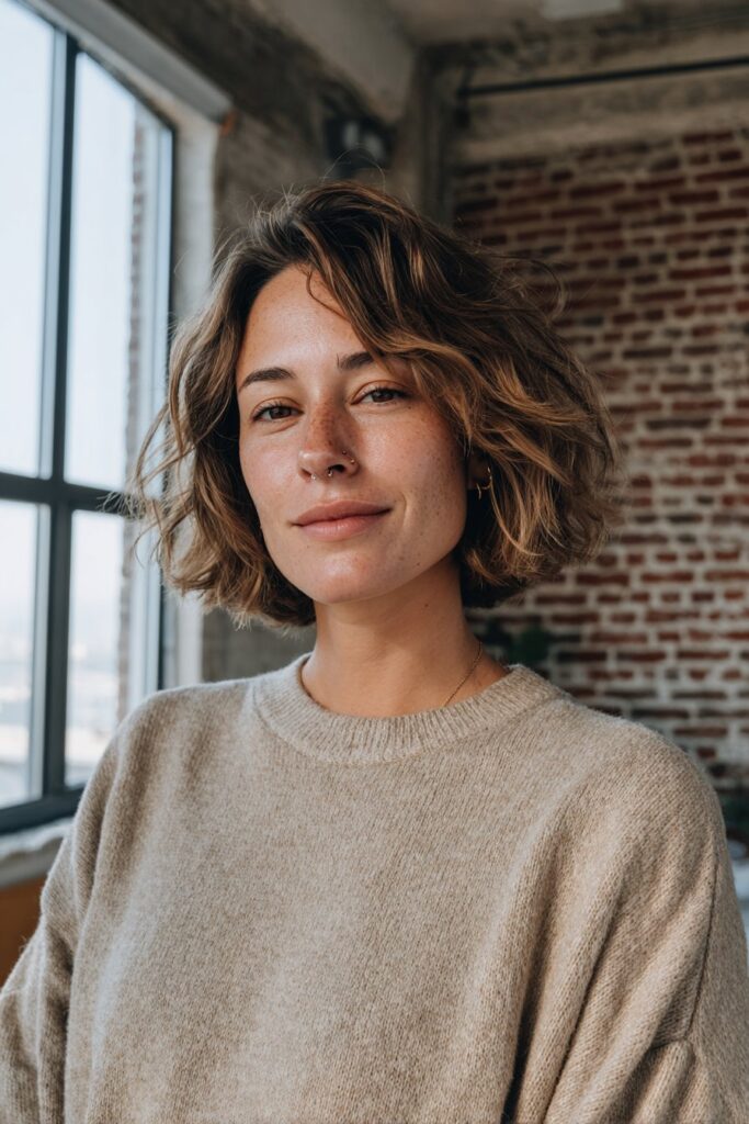 Woman with a face-framing layered bob and curtain bangs.