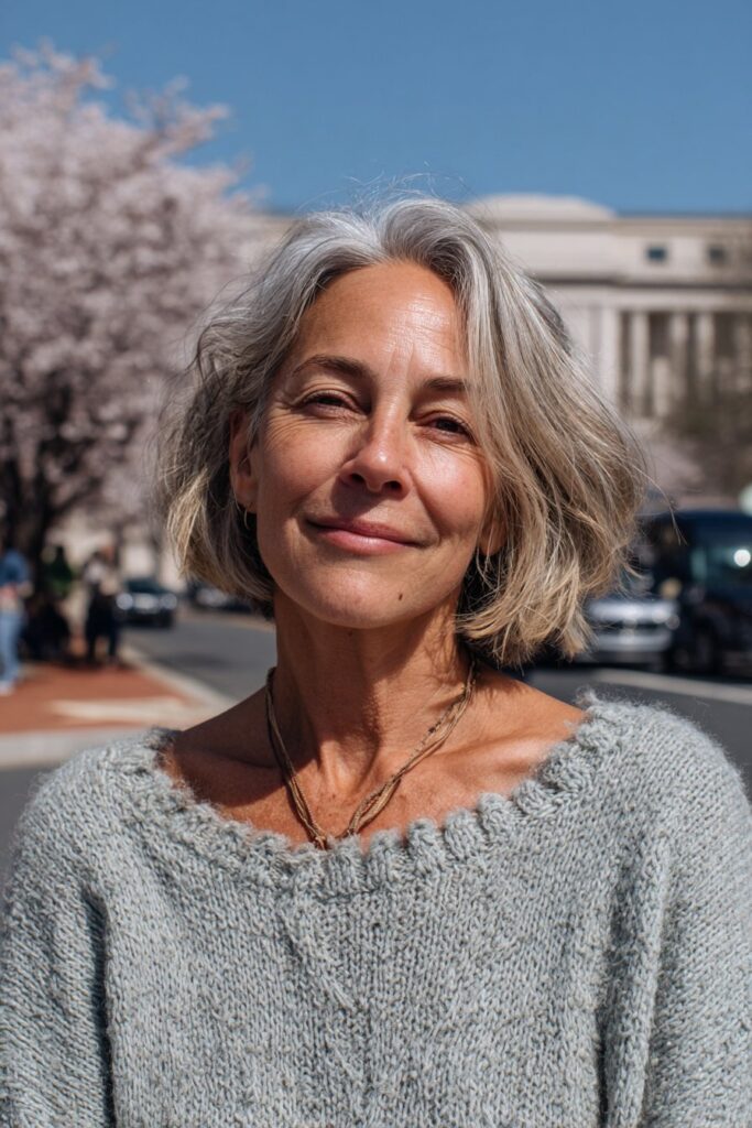 Face-framing lob with side-swept bangs on gray hair