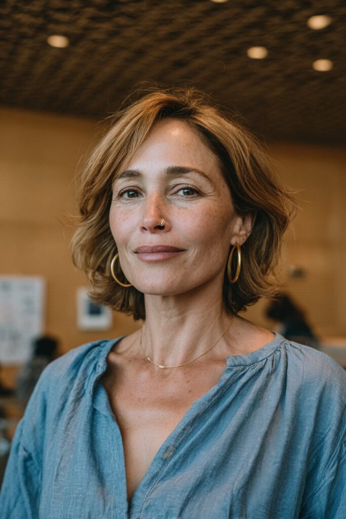 Woman with a feathered layered bob and side-swept bangs.