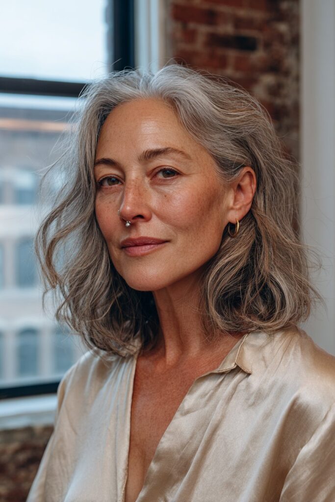 Woman with feathered layers and chin-length silver brown hair.