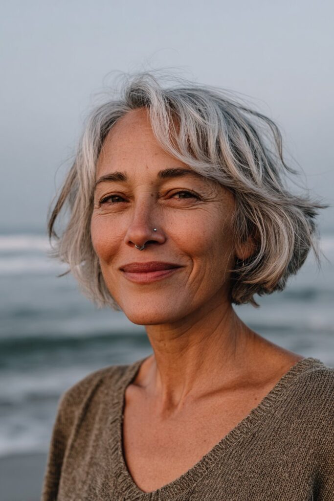 Feathered shaggy bob with bangs on silver gray hair