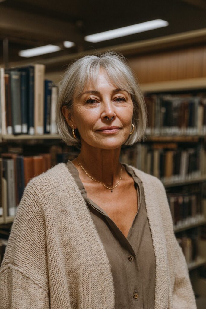 Woman with a French bob and micro bangs