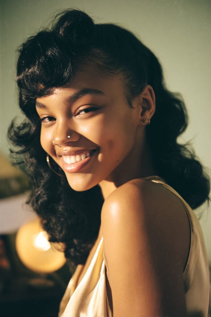 Black woman with a glossy press-and-curl hairstyle