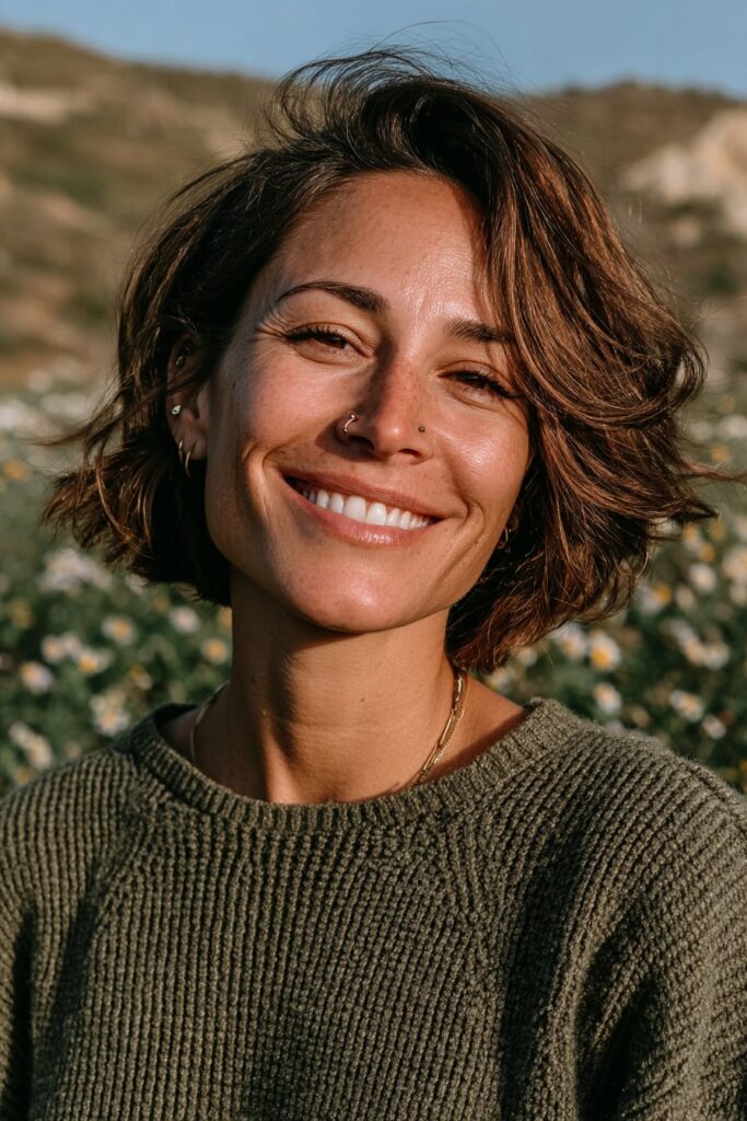 Woman over 40 with a graduated layered bob and added volume.