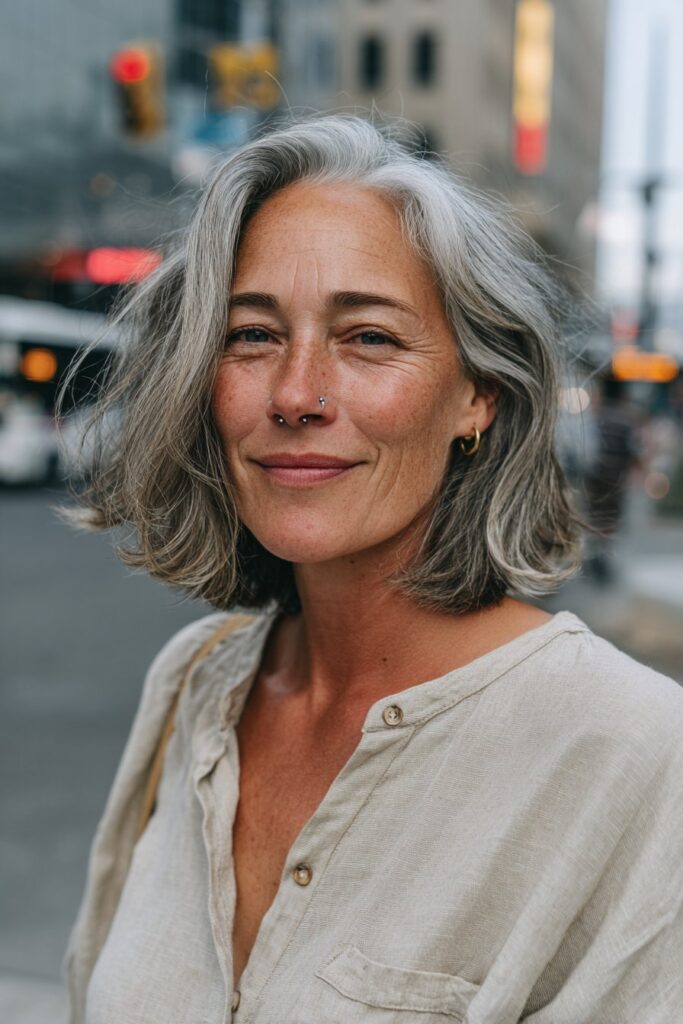 Woman with a gray lob and side-swept bangs grazing her shoulders