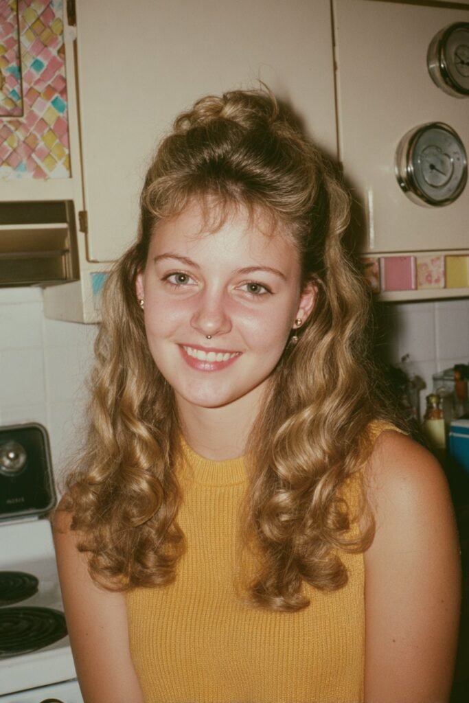 Woman with a half-up bouffant featuring lifted crown volume and loose curls