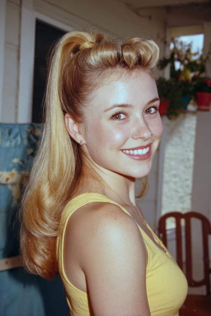 Woman with a 1950s high ponytail featuring flipped ends and retro volume