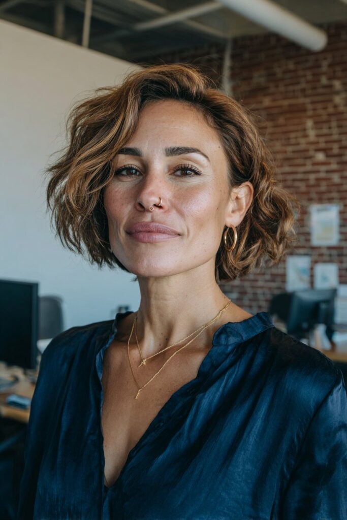 Woman over 40 with an inverted layered bob and dimensional color.