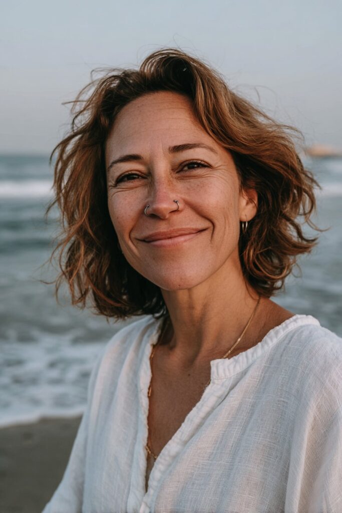 Woman with a layered bob and soft shoulder-length waves.