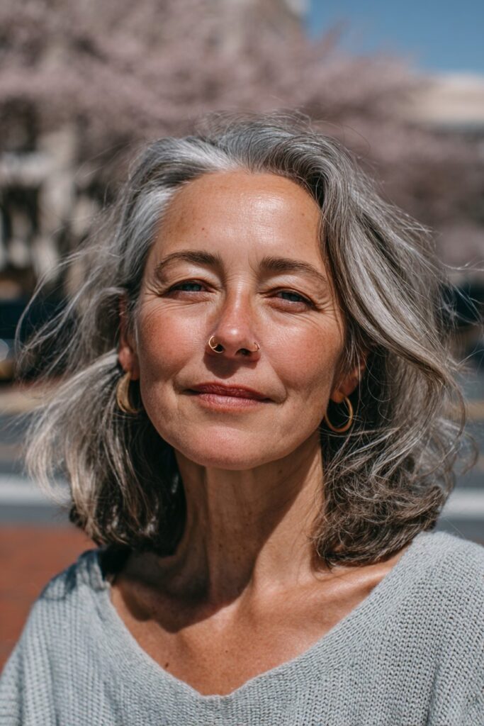 Woman with layered medium length gray hair and feathered shoulder-length layers