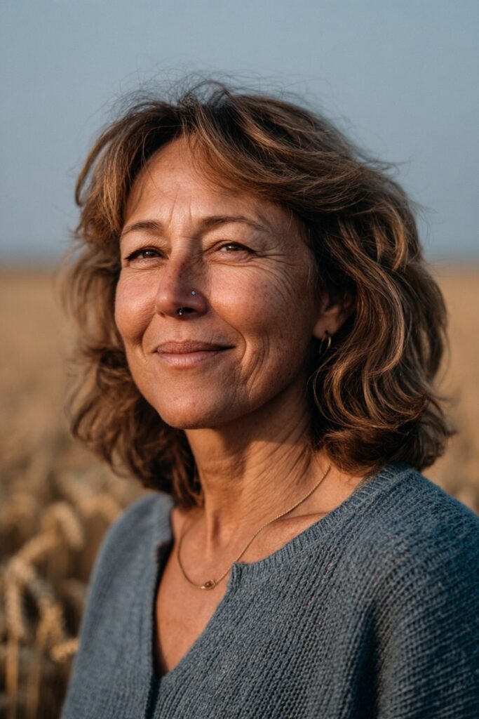 Older woman with a layered shoulder length cut and feathered chestnut layers.