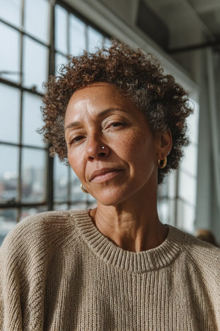 Older woman with long afro-textured layered natural hair.