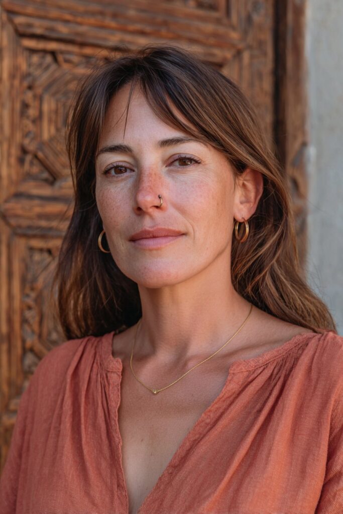 Woman over 40 with long blunt hair and full straight bangs.