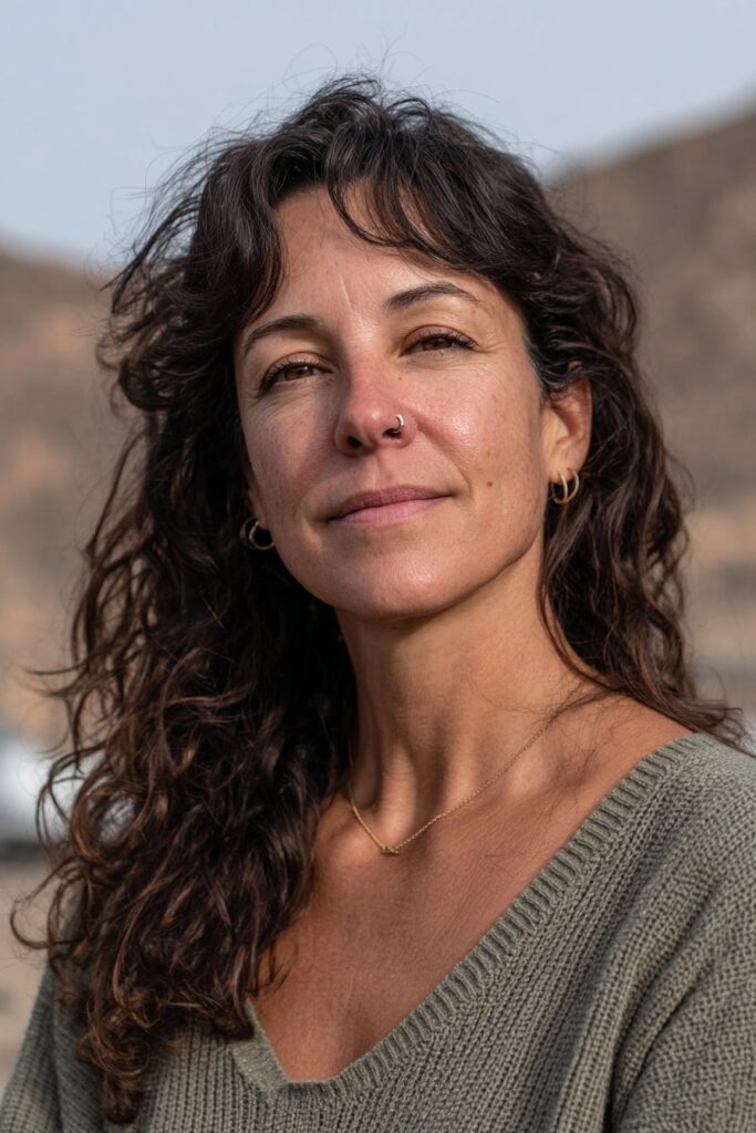 Woman over 40 with long curly hair and fringe bangs.