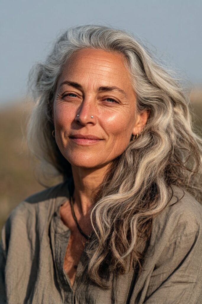Woman over 50 with long gray waves and flowing silver hair