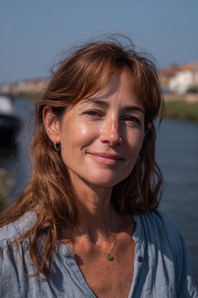 Woman over 40 with long hair and soft face framing bangs.