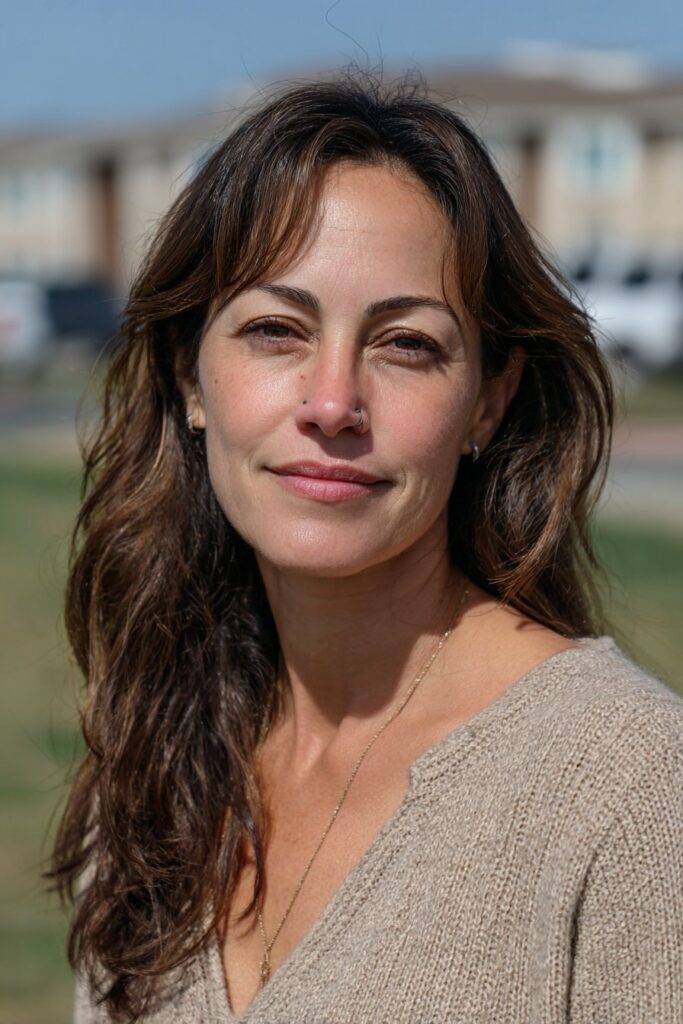 Woman over 40 with long hair, side bangs and caramel highlights.
