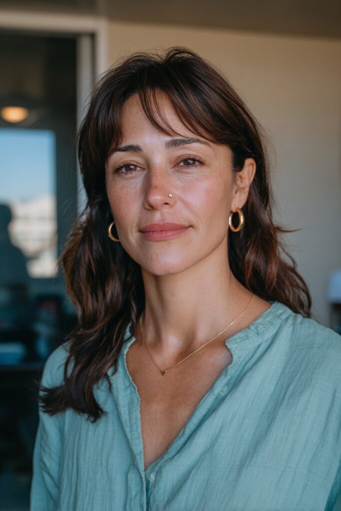 Woman over 40 with long chocolate brown hair and soft rounded bangs.